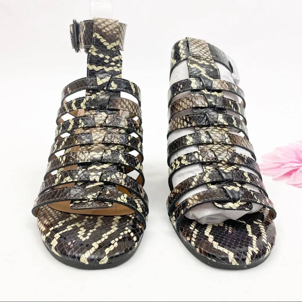 Vionic Perk Sami Leather Caged Heeled Sandals: Black Boa Snakeskin